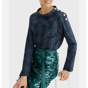 J.Crew Tartan Boat Neck Jeweled Top